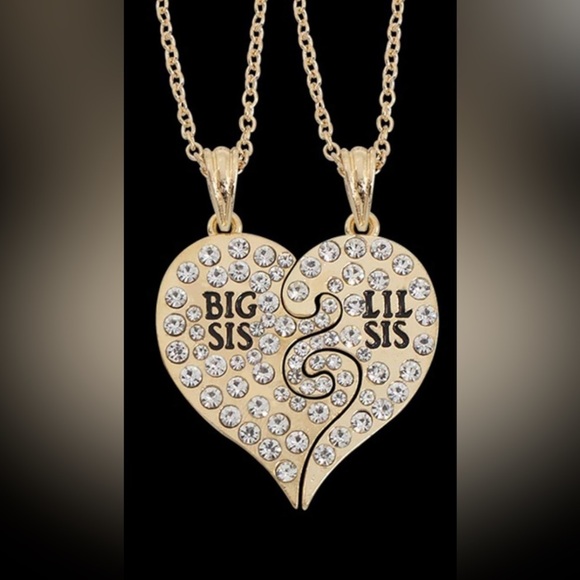 Necklaces Big Sis Lil Sis Set of 2 Gold Tone Heart Rhinestones - Picture 3 of 5